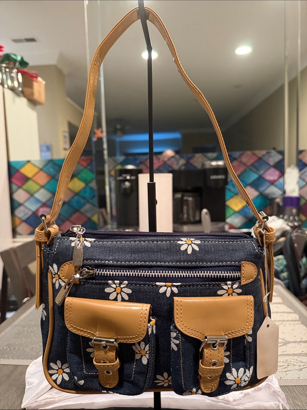 Denim Daisy Print Shoulder Bag with Tan Trim